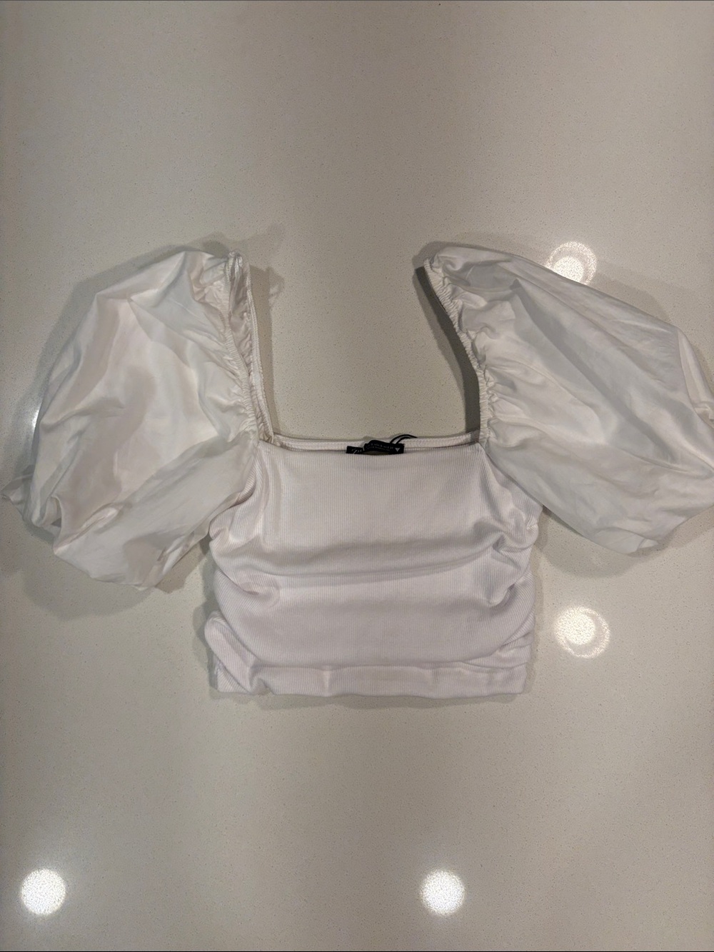 Zara White Puff-Sleeve Square Crop Top